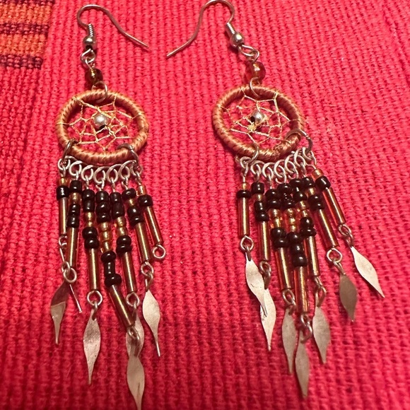 Boho Jewelry - Dreamcatcher Earrings with Silver and Brown Accents